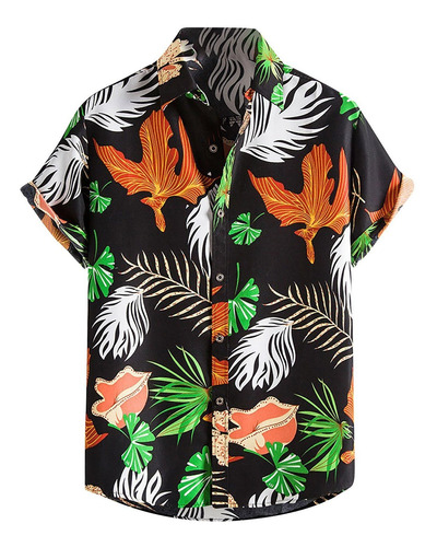 E Camisa Havaiana Masculina De Mangas Curtas Estampada Botão