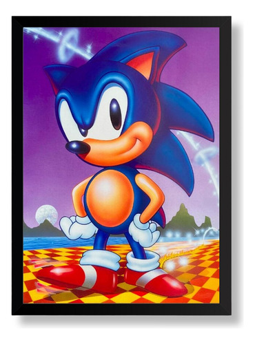 Quadro Emoldurado Poste Sonic Classico 8bits Retro A3