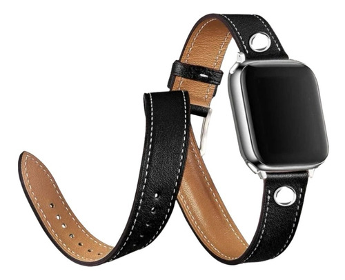 Correa Compatible Con Apple Watch Cuero Negro Doble Pulsera