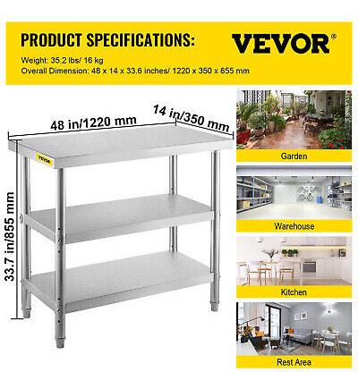 Vevor Stainless Steel Work Prep Table 48 X14 With Under Zzi