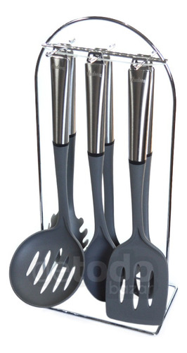 Set 6 Utensilios Nylon Gris Mango Acero Hudson Con Soporte