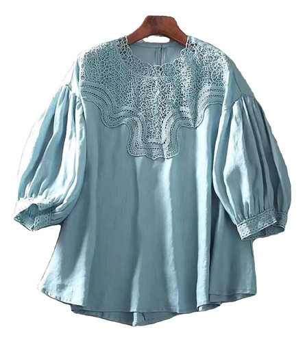 Blusa Retro De Lino Y Algodón Con Manga De Farol Para Mujer,