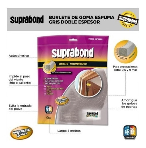 Imagen 3 de 7 de Burlete Goma Espuma Autoadhesivo Suprabond Doble Espesor 5 M
