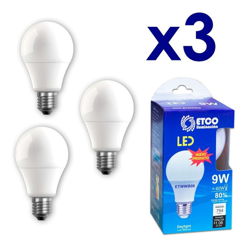 Foco Led  9w = 60w 3pzas. Focos Ahorradores Bombilla Etco