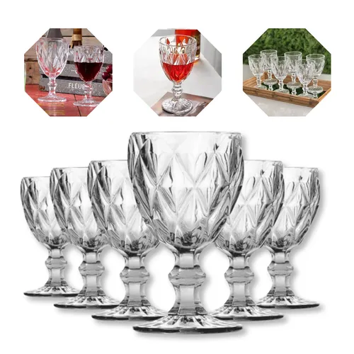 Jogo 6 Taças Diamante Vidro 330ml Copo Diamond Moderno Luxo Trans...