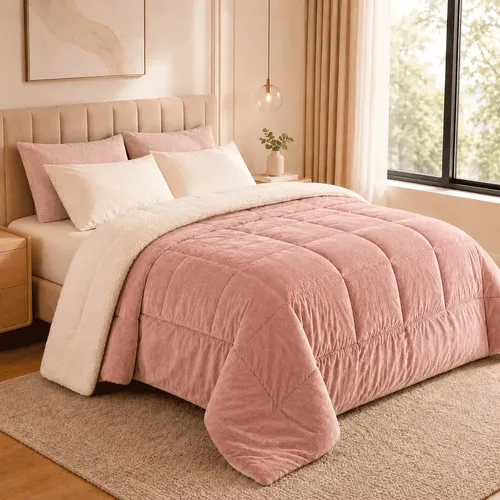 Coberdrom Queen ​Plush Sherpa Edredom Pele Carneiro Felpudo Rose Liso