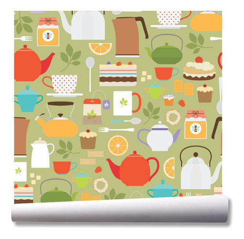 Papel De Parede Comida Chá Utensílios Café Kit 02 Rolos A23