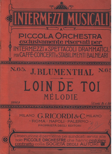 Partitura Orig. De La Melodía De J. Blumenthal Loin De Toi 