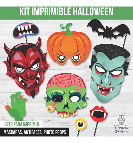 Imagen 2 de 8 de Kit Imprimible Halloween Noche Brujas Máscaras Photo Booth