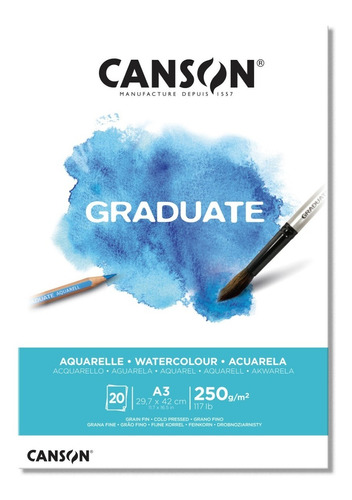 Block Papel Canson Graduate Acuarela A3 Con 20 Hojas 250 Gr