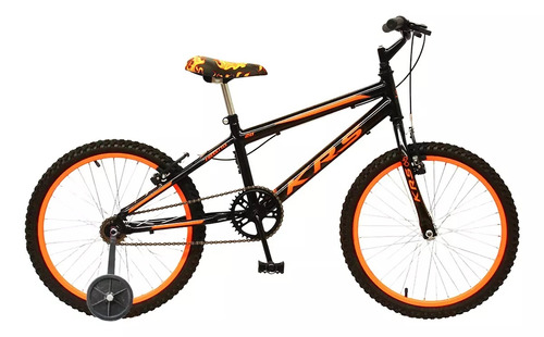 Bicicleta  infantil KRS Rebaixada aro 20 1v freios v-brakes cor preto/laranja com rodas de treinamento