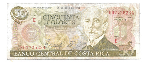 Liquido Billete De Costa Rica.  50 Colones 1988