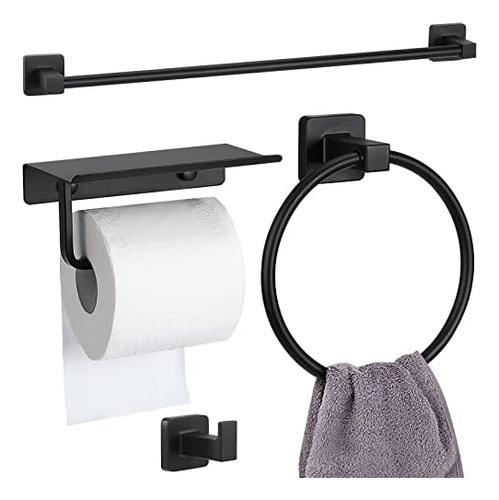 Juego De 4 Estantes De Baño Negro Mate Con Barra De Toalla D