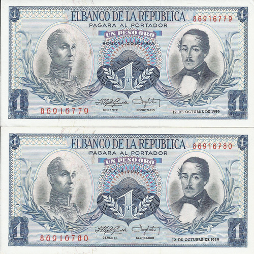 Duo Consecutivo. Colombia 1 Peso Oro 12 De Octubre 1959