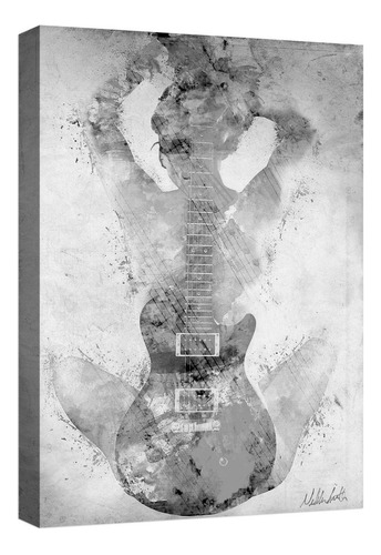 Cuadro Decorativo Canvas Moderno Guitarra Silueta Mujer Armazón Blanco Y Negro