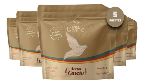 Arroz Grano Divino Cateto Polido 1 Kg (5 Pacotes) Kit