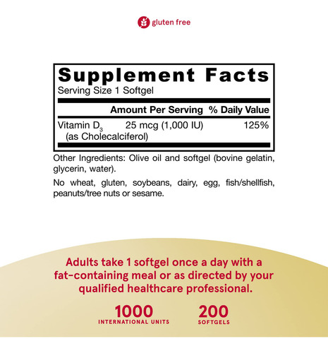 Jarrow Formulas Vitamina D3 25 Mcg 200 Cápsulas Blandas