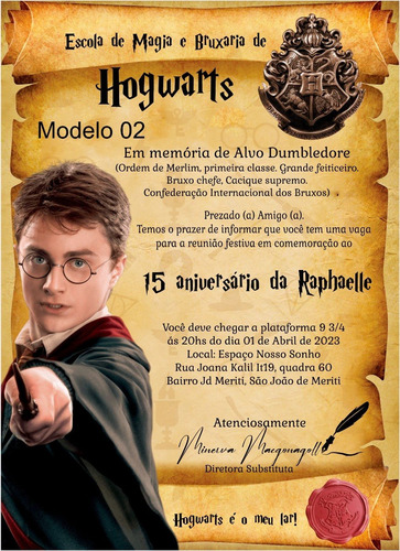 Convite Harry Potter 15 Anos Pergaminho 50 Unidades + Ind