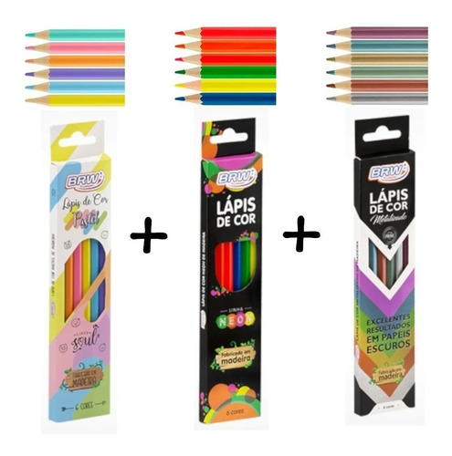 Kit 18 Lápis De Cor Neon Pastel Metálico Colorir Desenho 