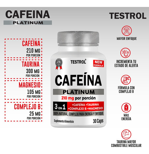 Cafeina Platinum Testrol 30 Capsulas Sabor Sin sabor