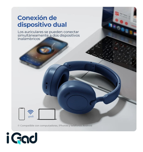 Audífonos Bluetooth 5.3 Igad Hi-res Inalámbricos Diadema Cancelación De Ruido Con Micrófono Y Cable Tipo C Azul