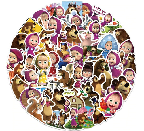  50 Stickers Impermeables Masha Y El Oso