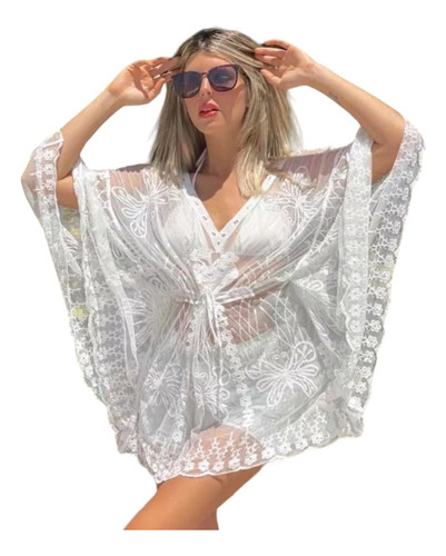 Tunica Importada Kimono Bordado Tul Vestido Playa Hippie