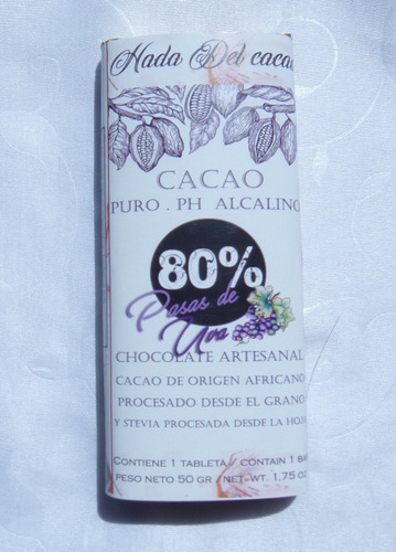 Tableta De Chocolate 80% Cacao Sin Azucar Stevia Keto Vegano