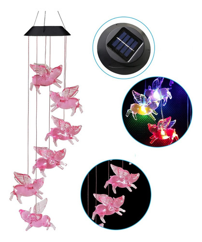 Colgante Solar Cerdito Con Alas Luz Multicolor Jardín