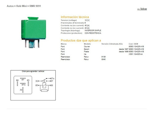 Mini Relay 12v Placa De Contacto Ford Fiesta Courrier 96/..