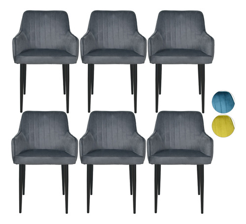 Set 6 Sillas Sillones Comedor Tapizado Terciopelo Modernos Estructura De La Silla Negro Asiento Gris Oscuro