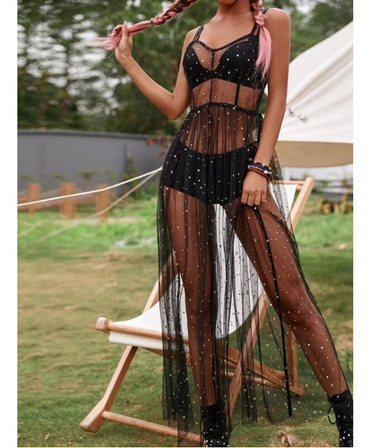 Vestido Sexy Transparente De Bikini De Malla Con Tirantes