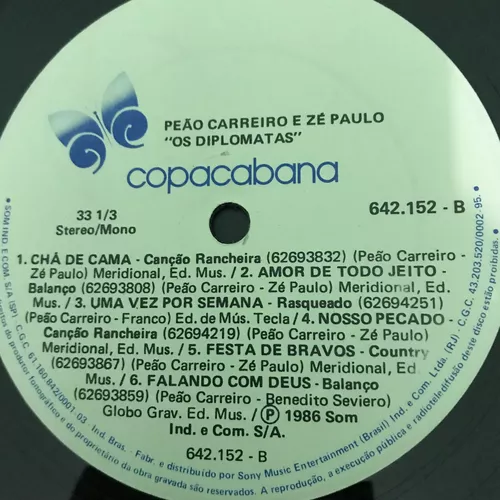 LP Peão Carreiro e Zé Paulo Álbum Os Diplomatas Ano de