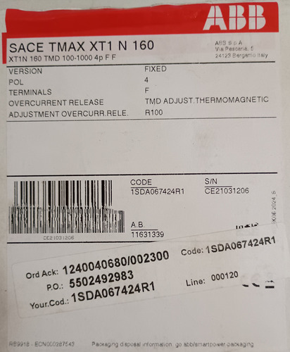 Interruptor Automatico 4p 100a 36ka Ref 1sda067424r1 Abb