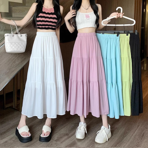 Falda Midi De Cintura Alta Para Mujer, Cintura Elástica Para