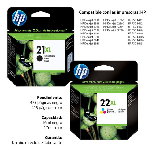 Cartucho Hp 21xl + Hp 22xl Pack Original Combo Gtia Oficial