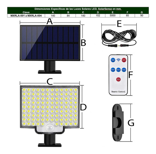 Luz Solar Recargable, Mxrla-001, 1 Caja, 106led, 2w, 3000lm, Estructura Negro