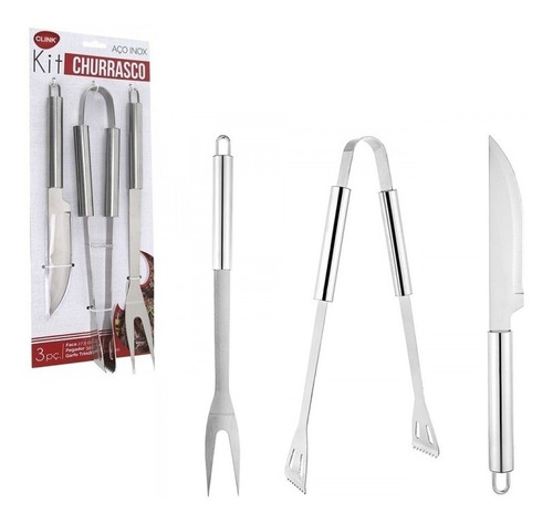 Kit Churrasco Cozinha Faca Pegador Garfo Trinchante Inox 3pç