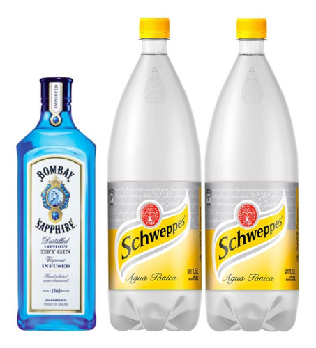 Gin Bombay Shapphire 750ml + Agua Tonica Schweppes 1,5lts X2