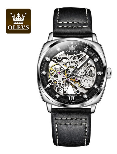 Olevs Leather Hollow Out Reloj Mecánico Para Hombre Color Del Bisel Silver Black