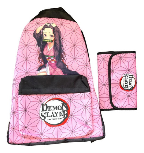 Set Escolar Mochila Nezuko Rosa + Cartuchera Desplegable