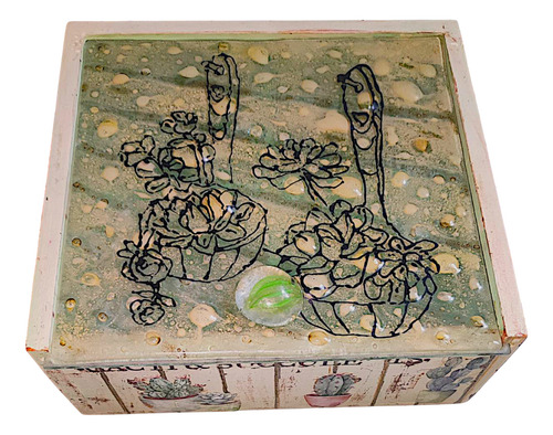 Caja De Te Artesanal 4 Divisiones. Cactus Verde