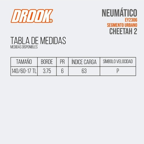 Imagen 2 de 3 de Cubierta Moto 140/60-17 Drook Cheetah Street Fz16-gixxer Tl