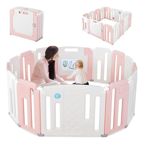 Corral De Plástico Bebés Playpen Kids Rosa 14 Paneles !!