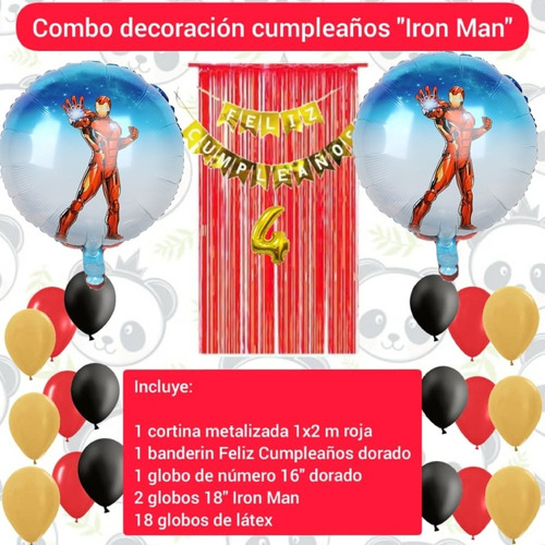 Combo Decoración Cumpleaños Iron Man Cortina Globos Banderin