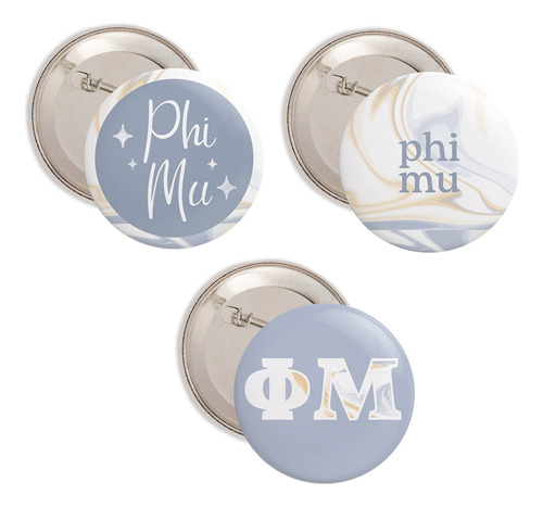 Phi Mu 3 Pieza Vario Boton Pin Back Badge 2.25   Marmol