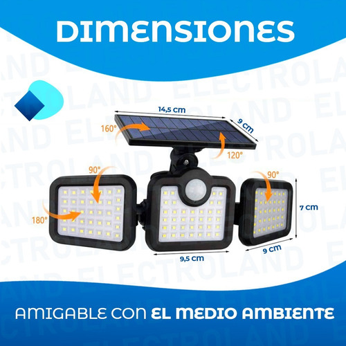 Reflector Led Solar 3 Cuerpos Exterior Cobertura 270º 108led
