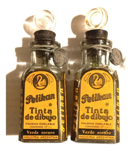 Antiguo Frasco Tinta China Pelikan: 2 Unid, Verde (vacíos) (Usado)