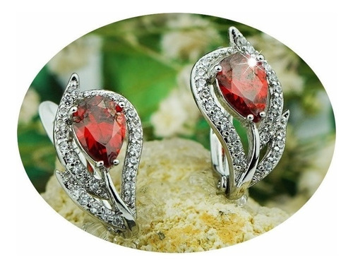 Aretes Rojos Elegante Regalo Mujer Oro Blanco 18k Compromiso