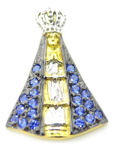 Pingente Ouro 18k Nossa Senhora Cravejada Zircônia Azul P075